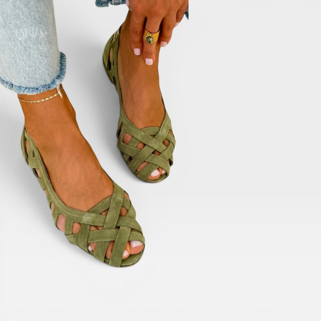 Women's Woven Suede Sandals – Lattice Cutout Low Heel Flats