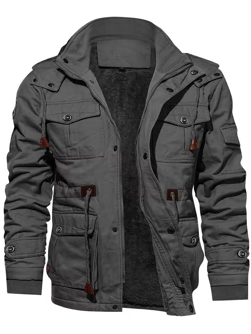 Men's Rugged Hooded Fleece-Lined Cargo Jacket