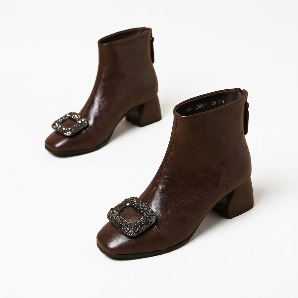 Women's Elegant Square-Toe Leather Heeled Ankle Boots