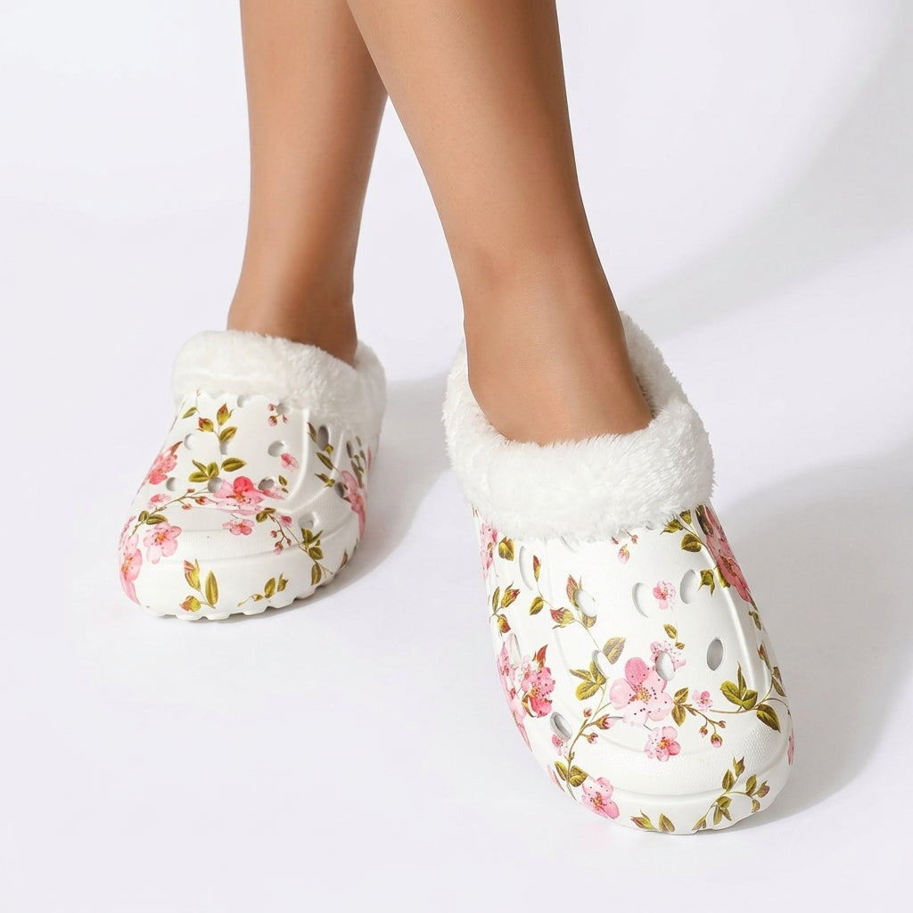 Women's Cosy Fleece-Lined Floral Clog Slippers