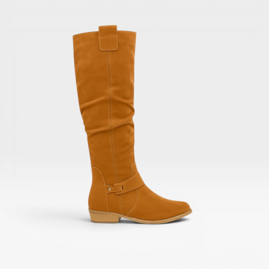 Women's Knee High Suede Boots – Elegant Buckle Detail Block Heel for Everyday and Special Occasions