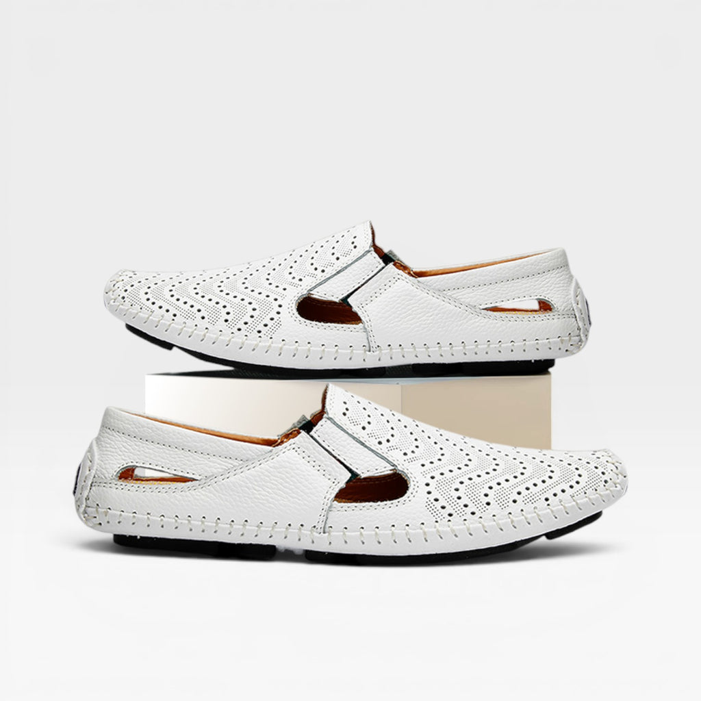 Men's Italian Style Leather Mules – Perforated Slip On Casual Summer Slides