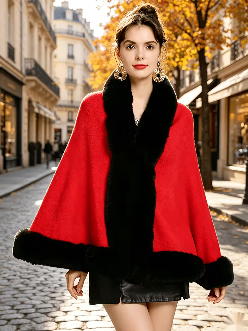 Women's Elegant Faux Fur Trim Shawl Coat
