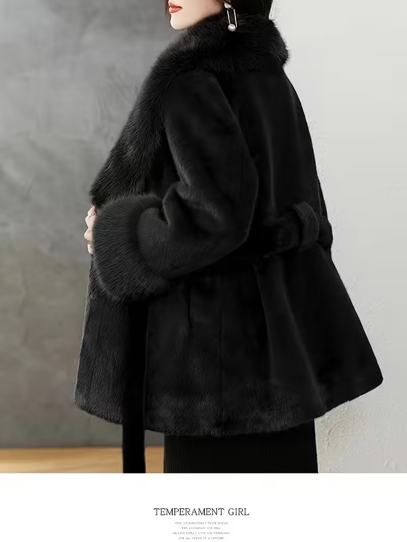 Women's Elegant Faux Fur Collar Belted Coat
