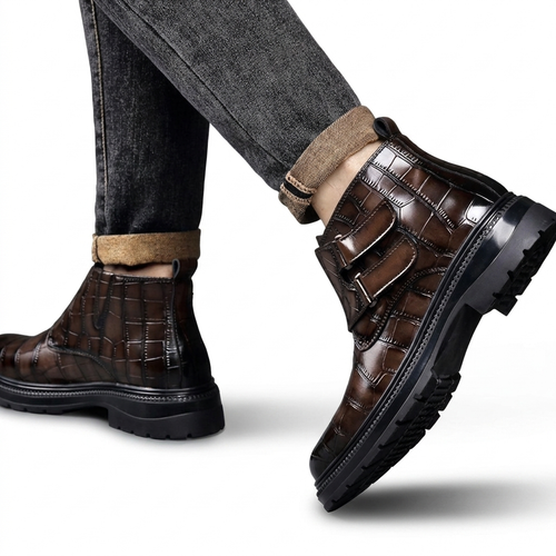 Men's Leather Croc-Embossed Ankle Boots