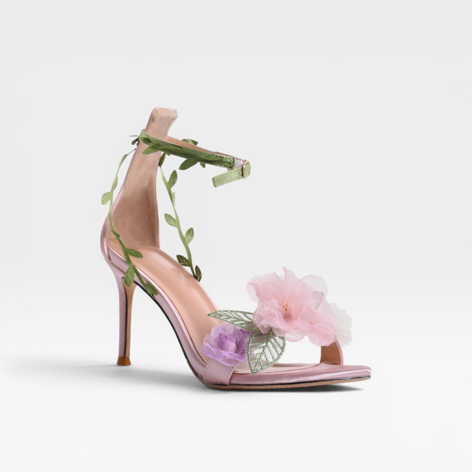 Women's Sheepskin Crystal Flower Heels – Elegant Leaf Wrap Ankle Stiletto Sandals for Special Occasions