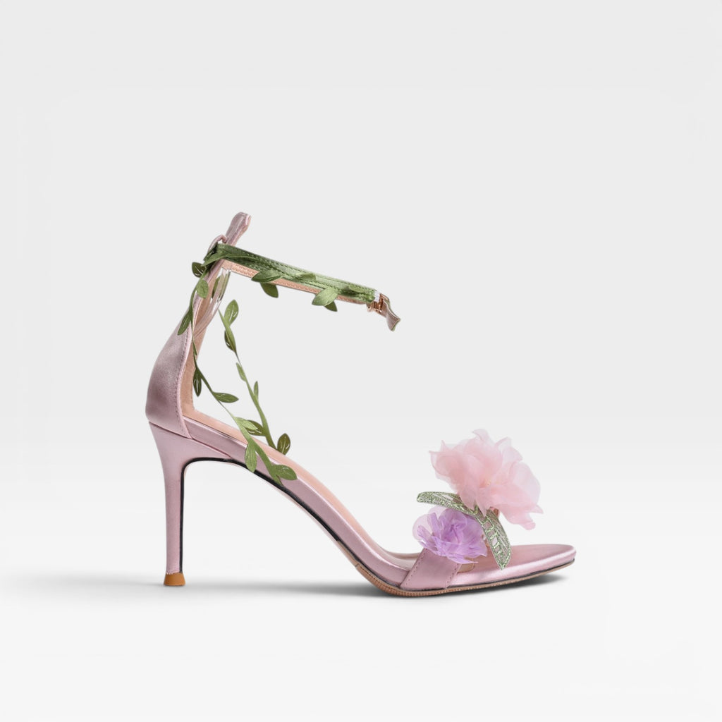 Women's Sheepskin Crystal Flower Heels – Elegant Leaf Wrap Ankle Stiletto Sandals for Special Occasions