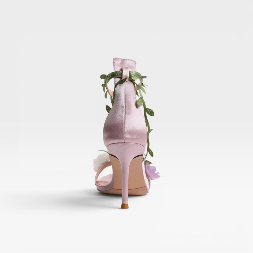 Women's Sheepskin Crystal Flower Heels – Elegant Leaf Wrap Ankle Stiletto Sandals for Special Occasions