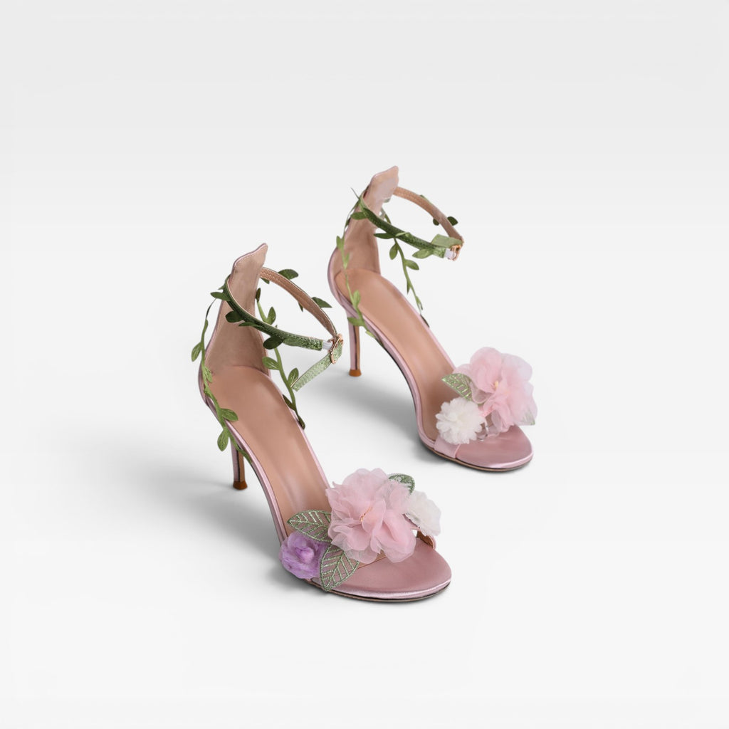Women's Sheepskin Crystal Flower Heels – Elegant Leaf Wrap Ankle Stiletto Sandals for Special Occasions