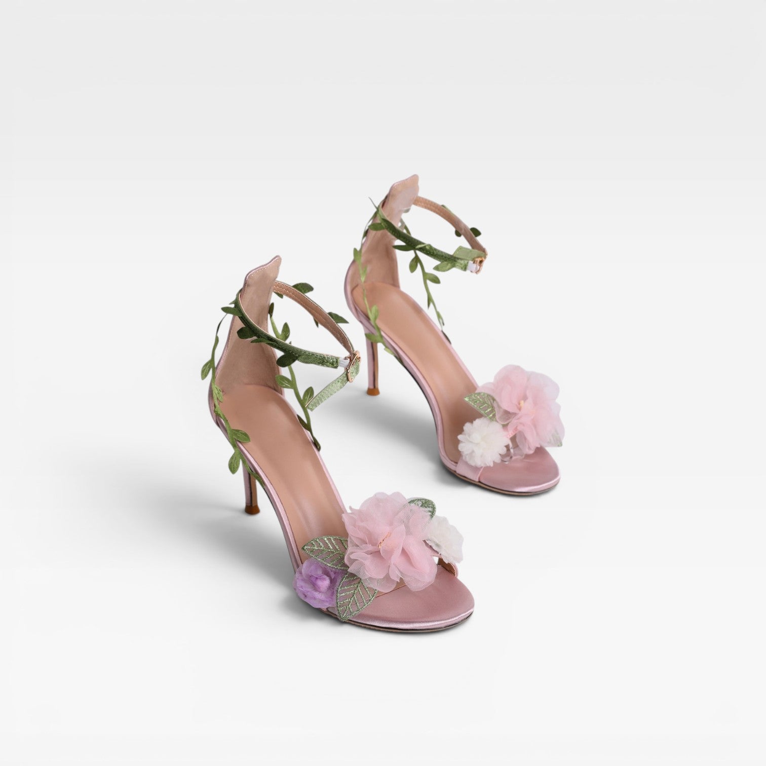 Women's Sheepskin Crystal Flower Heels – Elegant Leaf Wrap Ankle Stiletto Sandals for Special Occasions