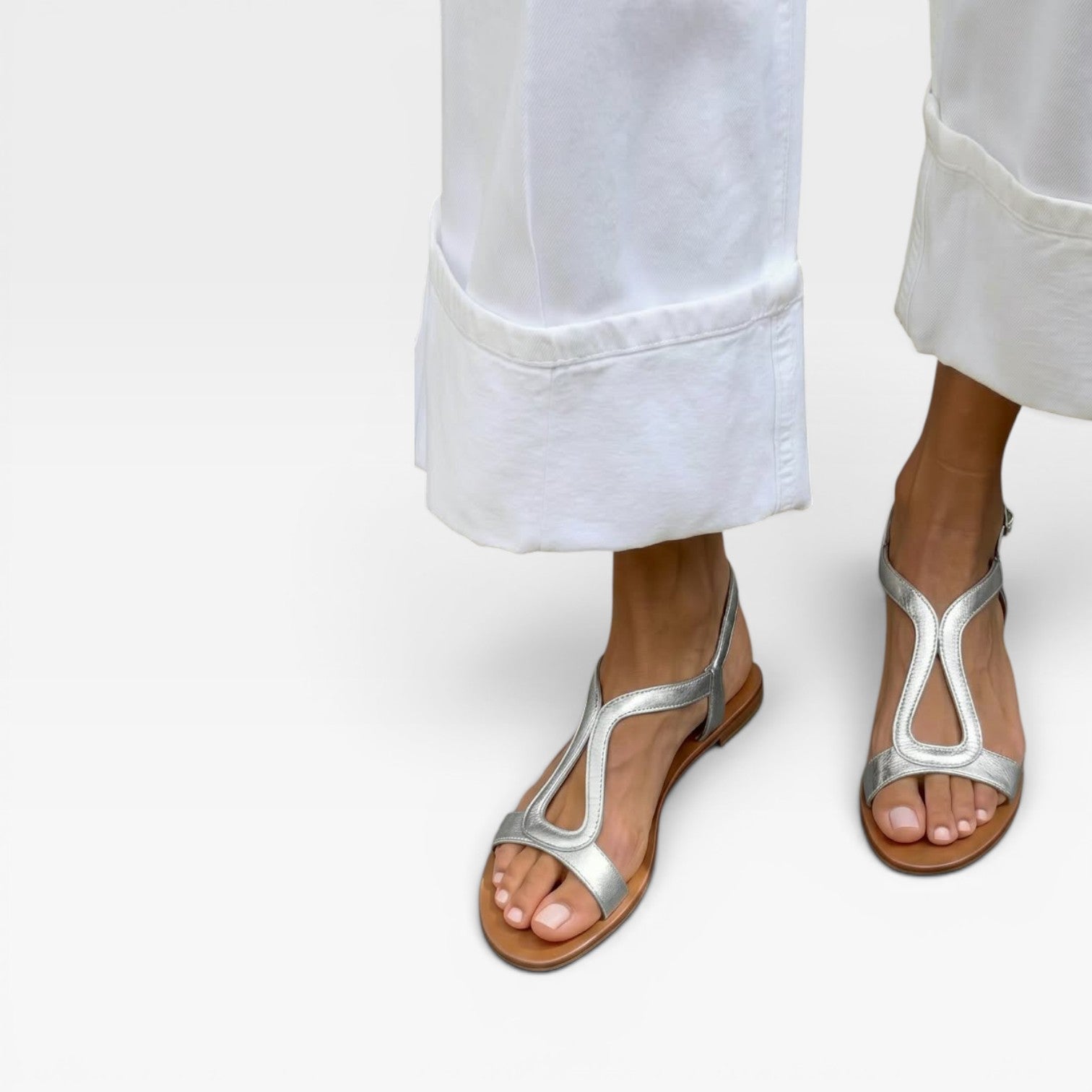 Women's Metallic Leather Sandals – Sculptural Strap Slingback Flats