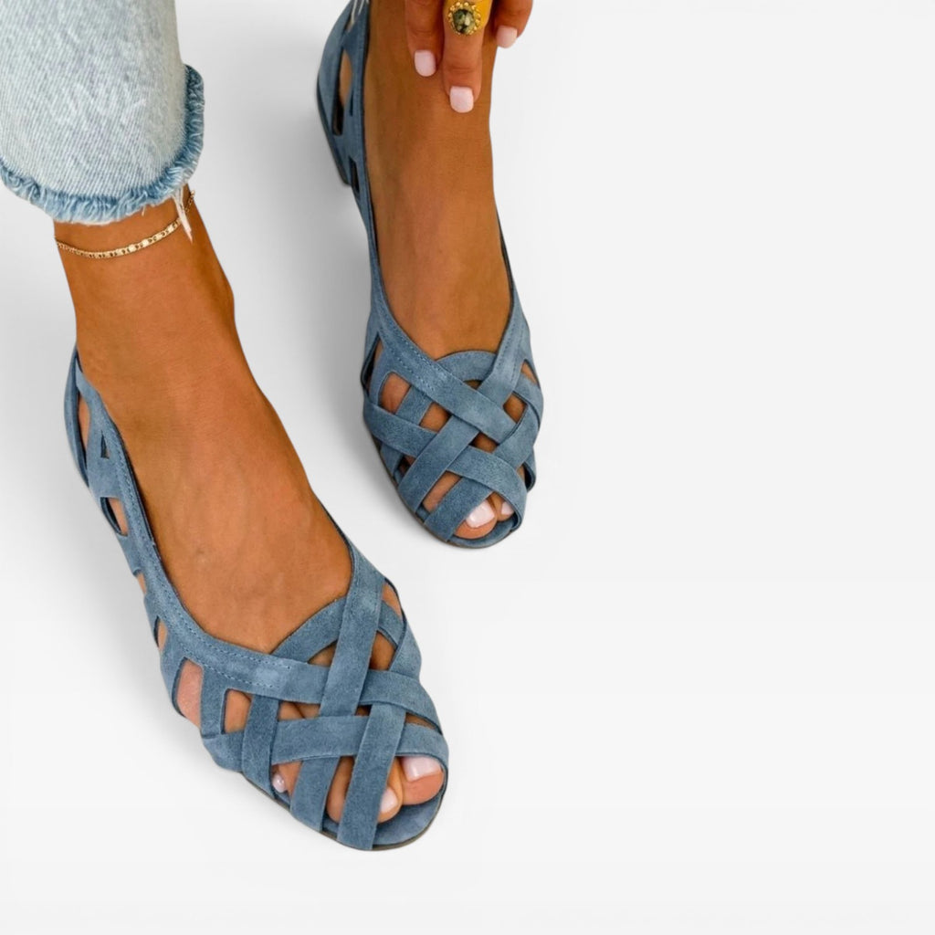 Women's Woven Suede Sandals – Lattice Cutout Low Heel Flats