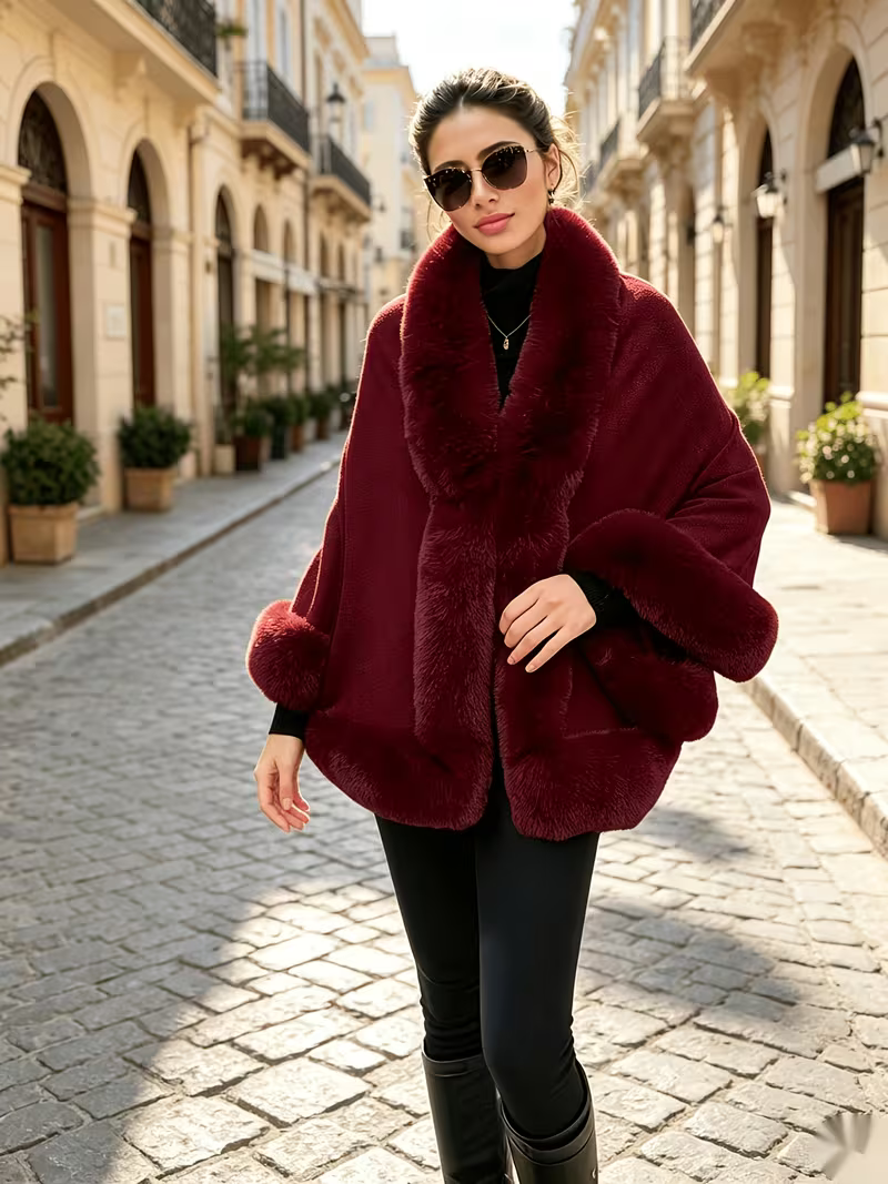 Women's Elegant Faux Fur Trim Shawl Coat