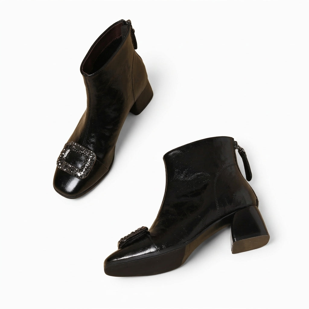 Women's Elegant Square-Toe Leather Heeled Ankle Boots