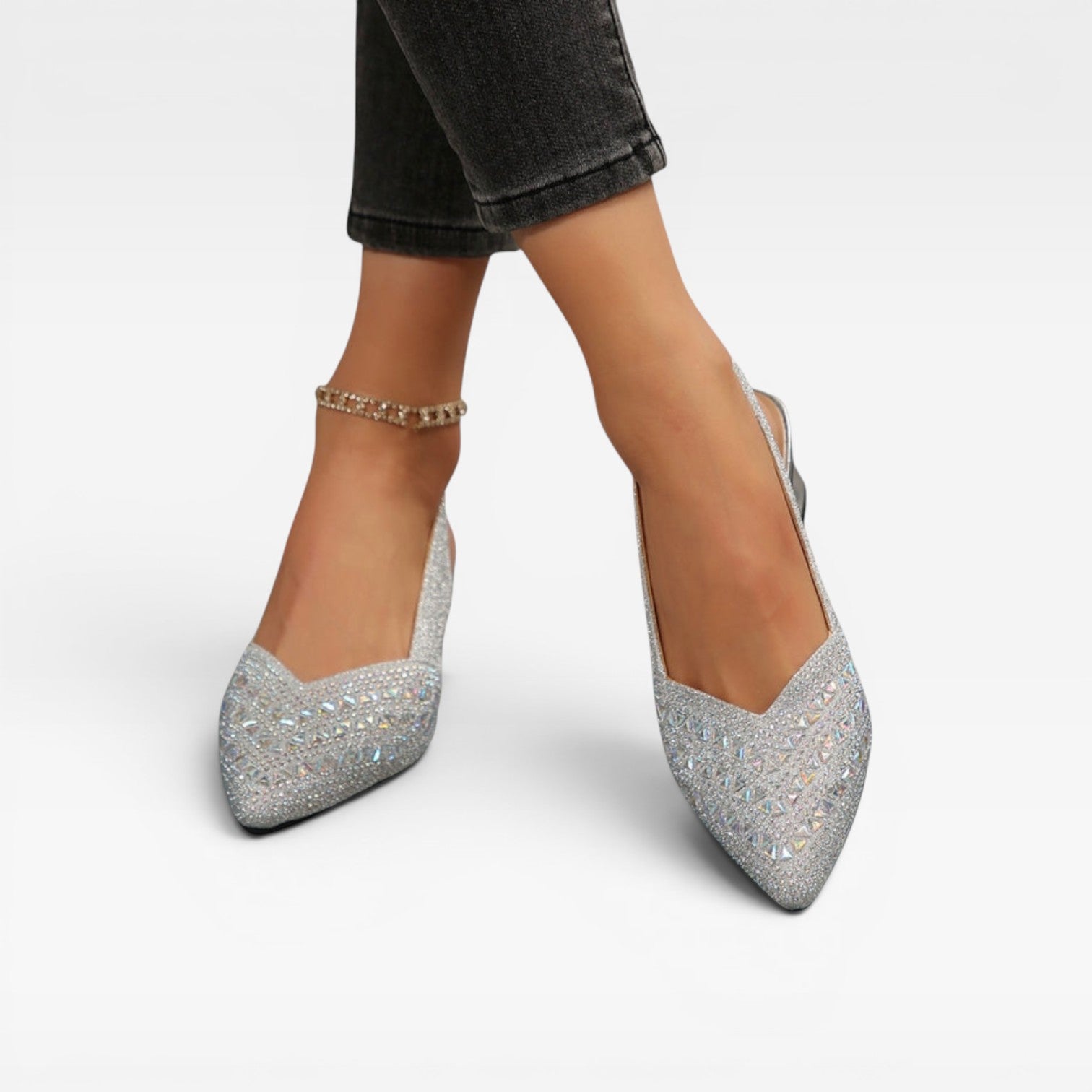 Escarpins à talons blocs avec bride arrière ornés de strass pour femmes – Chaussures de mariage étincelantes en cristal