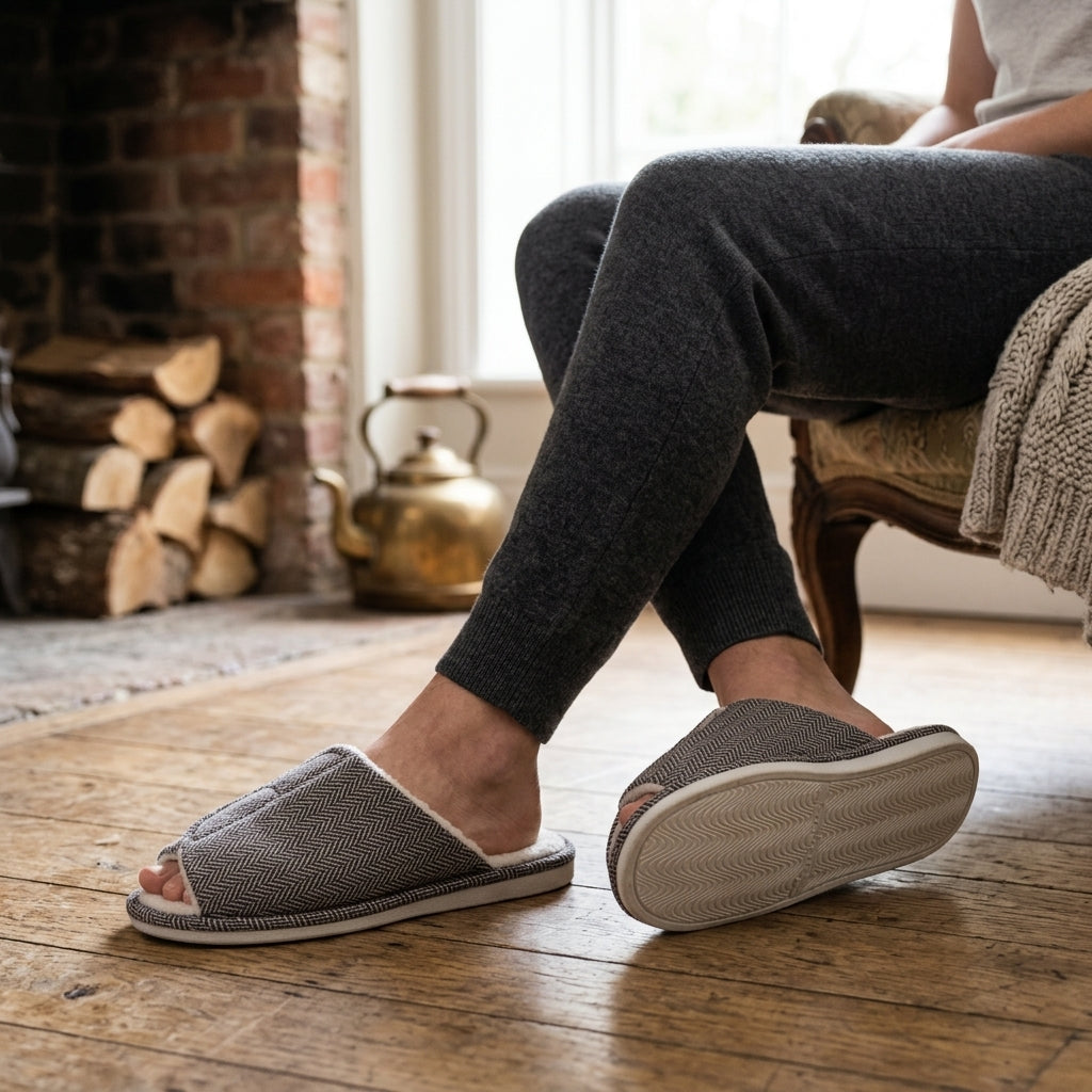 Men's Cosy Herringbone Open-Toe Slippers