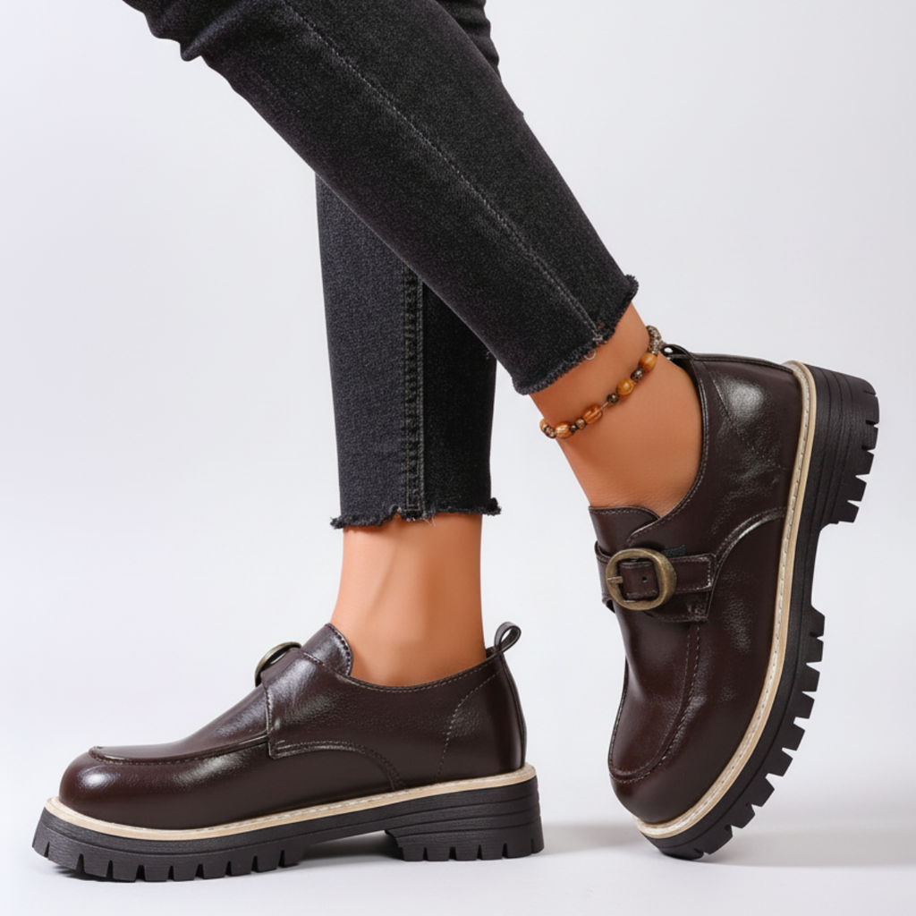 Women's Leather Monk Strap Loafers – Chunky Sole Buckle Shoes