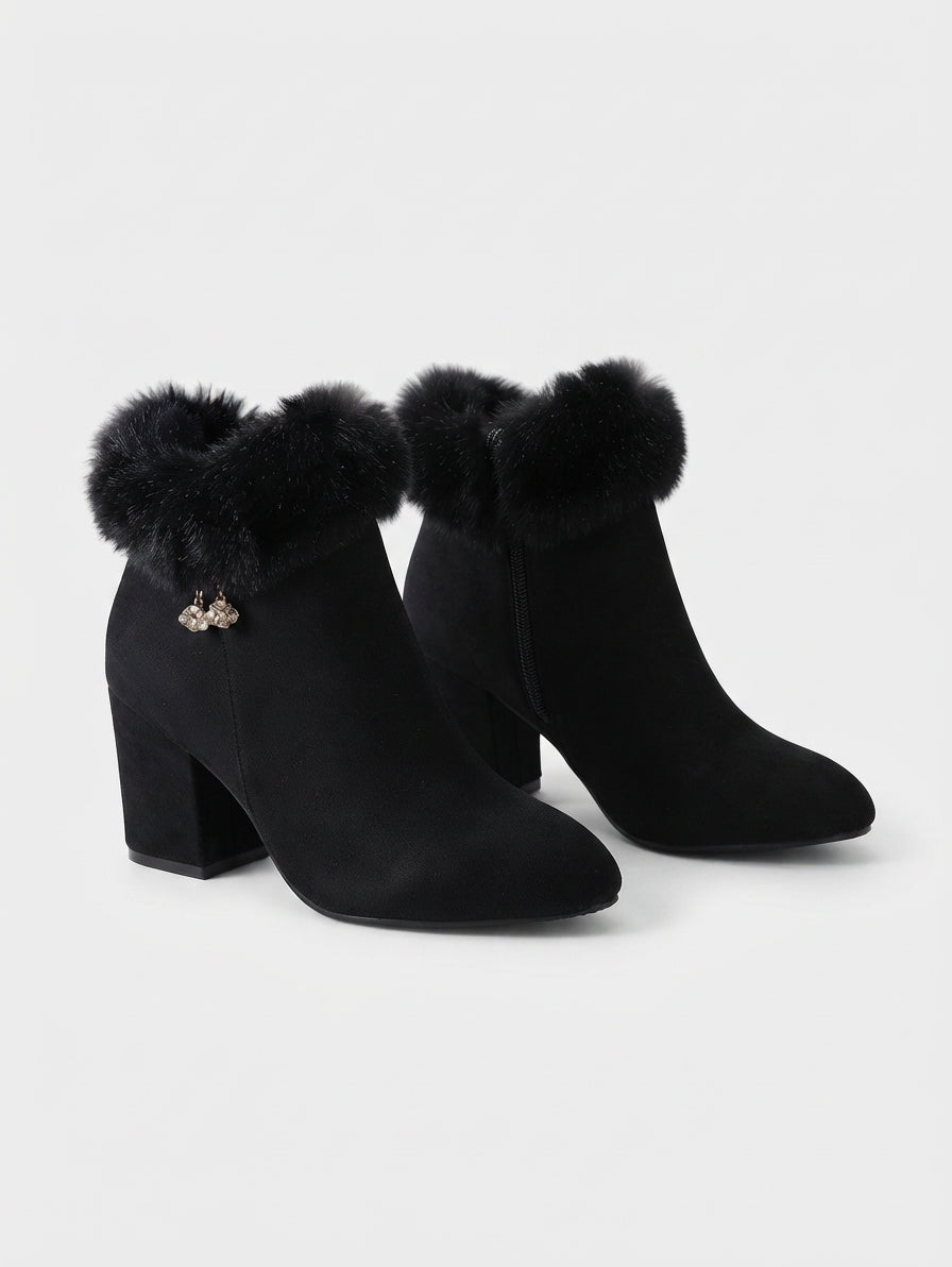 Women's Elegant Fur-Trimmed Heeled Ankle Boots