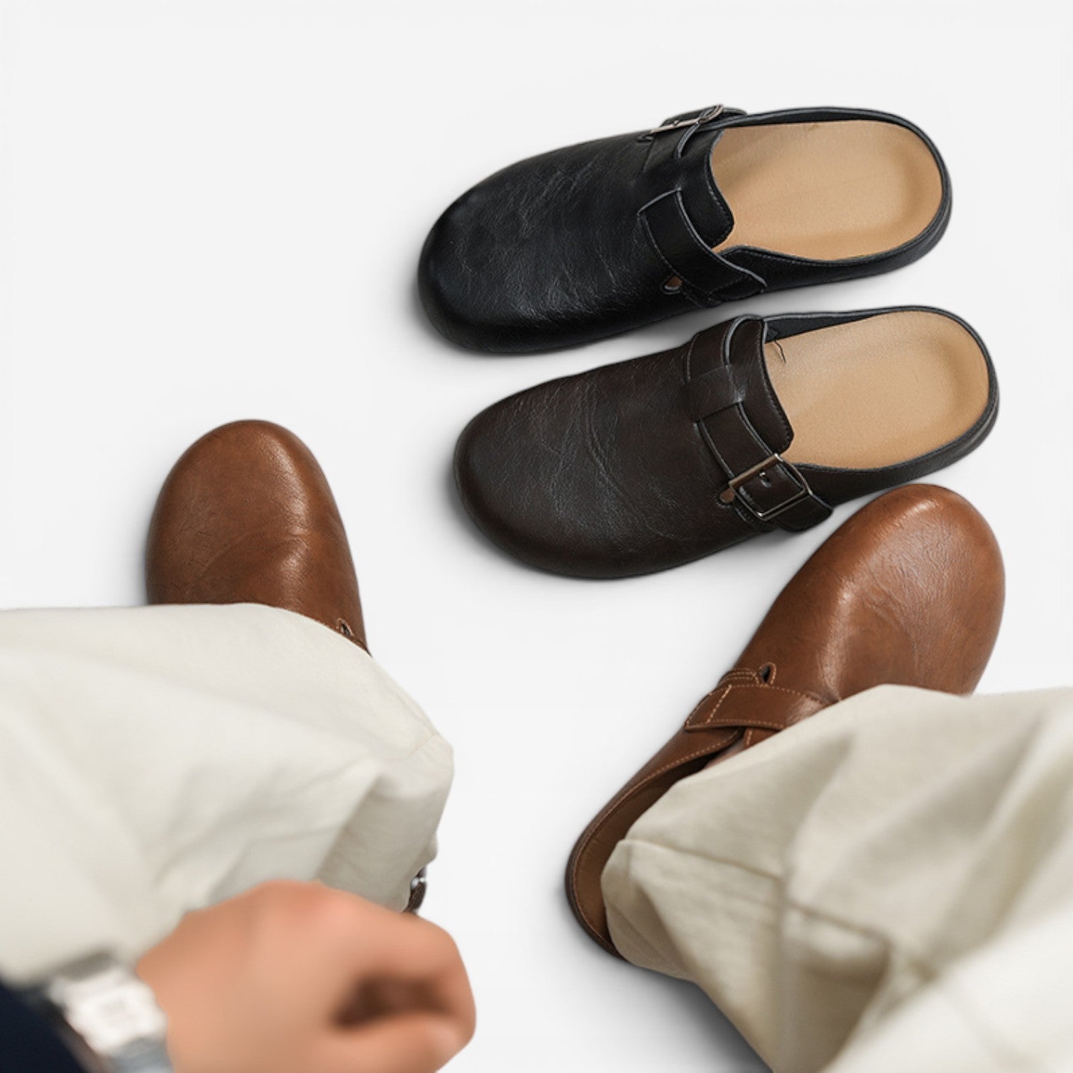 Sabots en cuir pour hommes – Mules d'été décontractées à enfiler avec bride à boucle