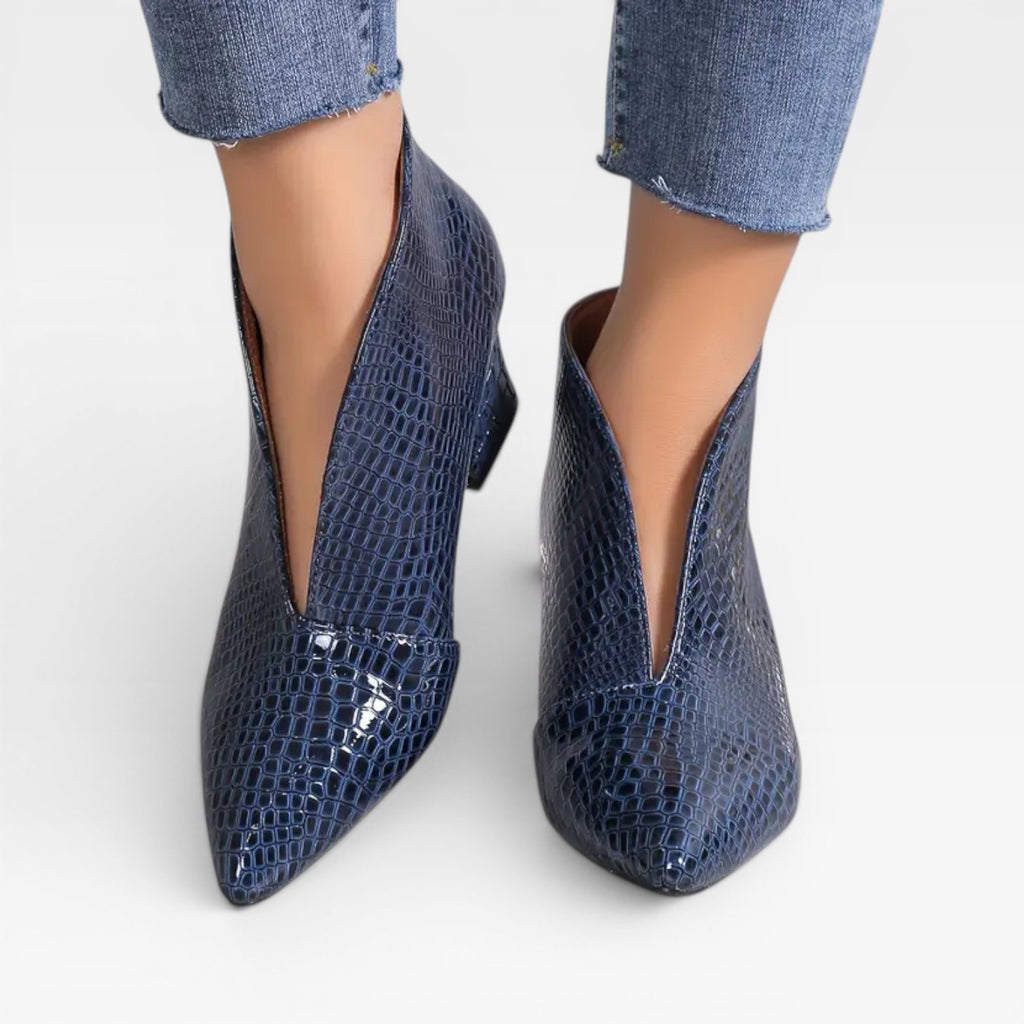 Women’s Croc Effect Ankle Boots – Elegant Pointed Toe Heeled Boots