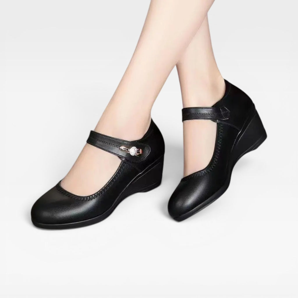 Women's Leather Mary Jane Pumps – Elegant Mid Heel Strap Shoes for Special Occasions