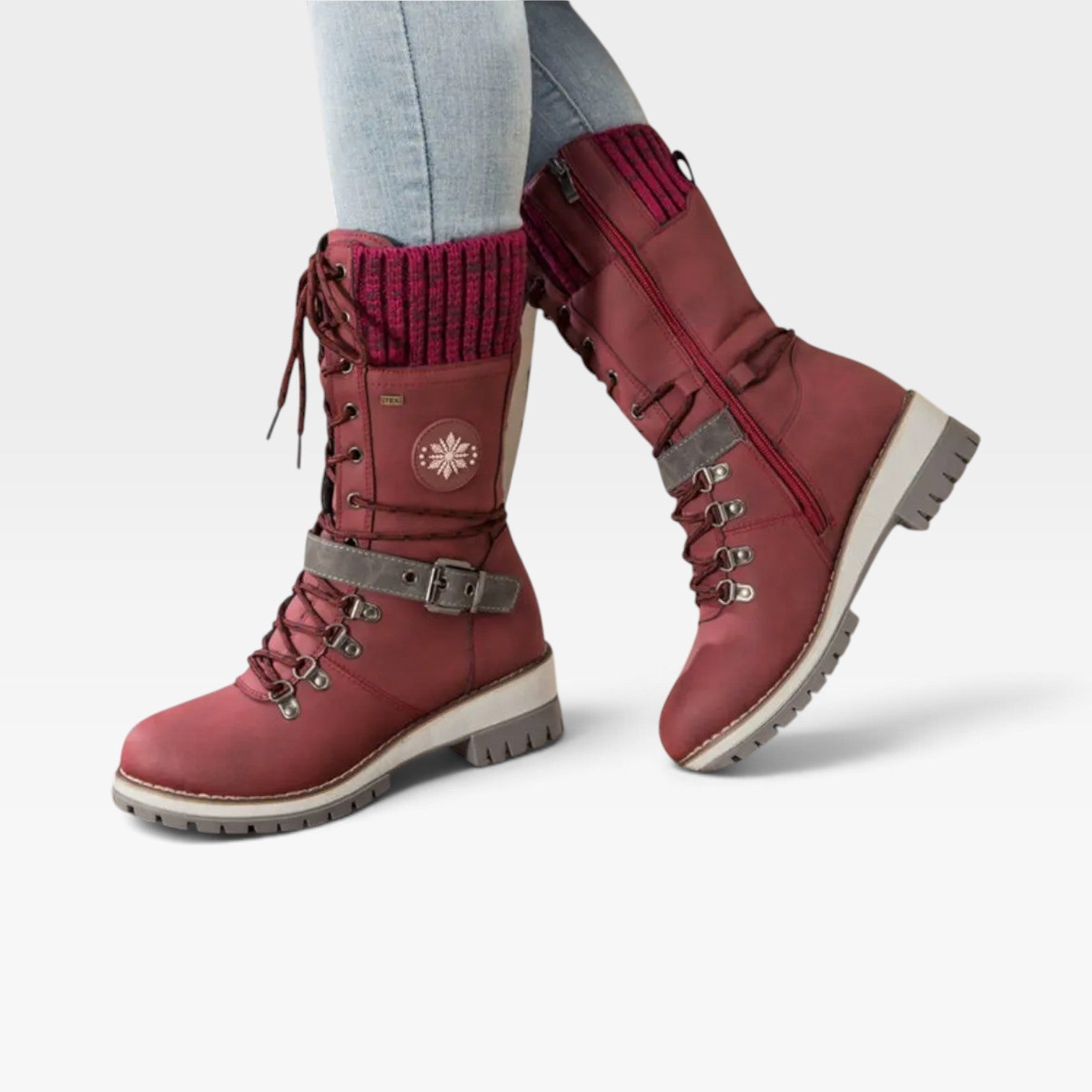 Women's Knit Cuff Snow Boots – Lace Up Buckle Winter Boots