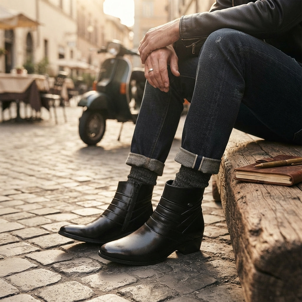Men's Refined Leather Heeled Ankle Boots