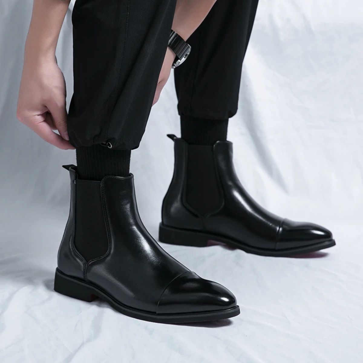Men's Leather Chelsea Boots – Cap Toe Elastic Panel Pull Tab Ankle Boots