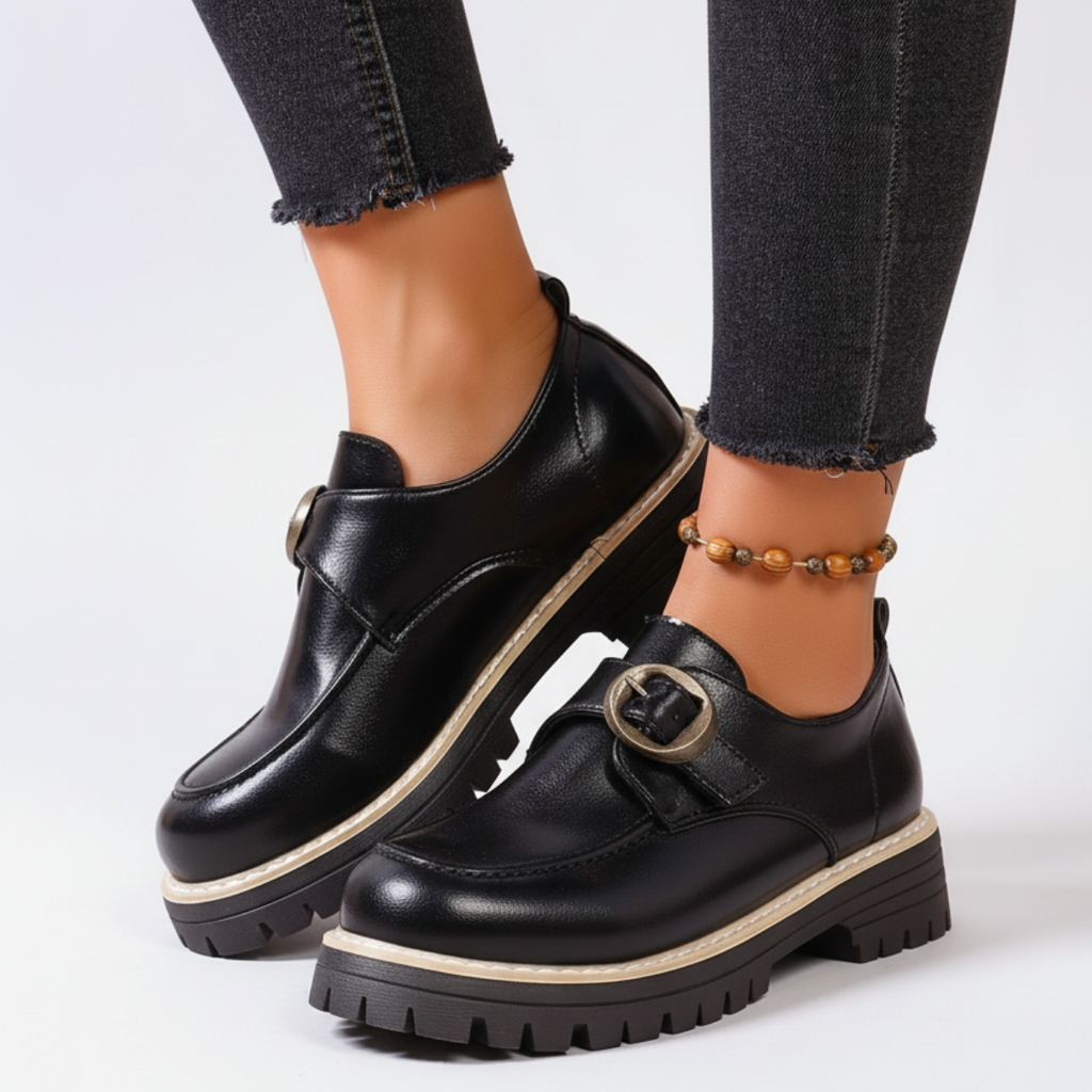 Women's Leather Monk Strap Loafers – Chunky Sole Buckle Shoes