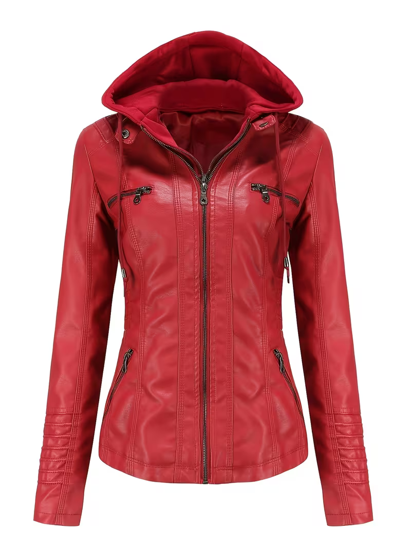 Women's Sleek Hooded Faux Leather Moto Jacket