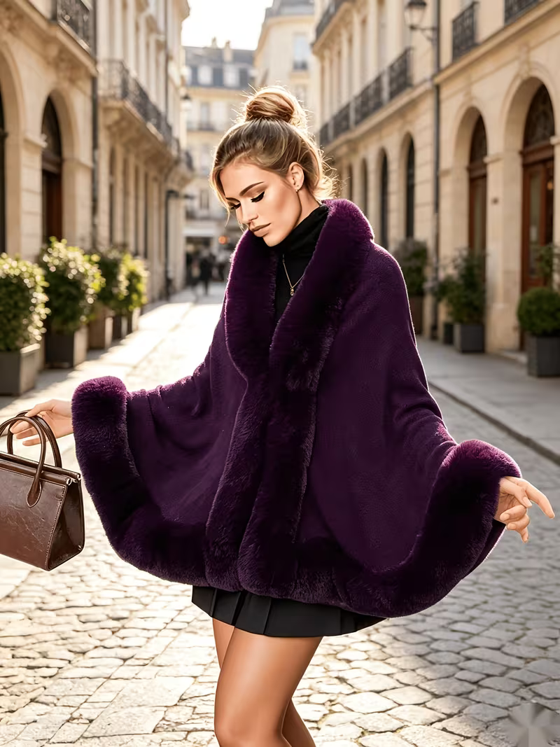 Women's Elegant Faux Fur Trim Shawl Coat