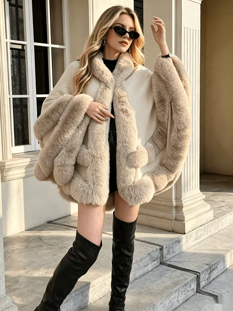 Women's Elegant Hooded Fur Trim Coat