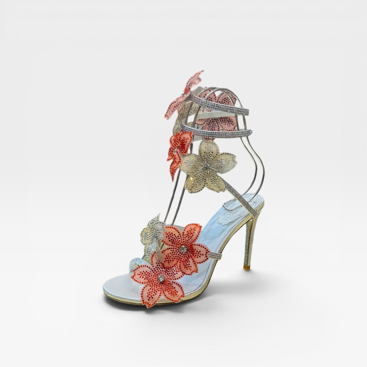 Women's Crystal Flower Heels – Elegant Orchid Wrap Around Ankle Stiletto Sandals for Special Occasions