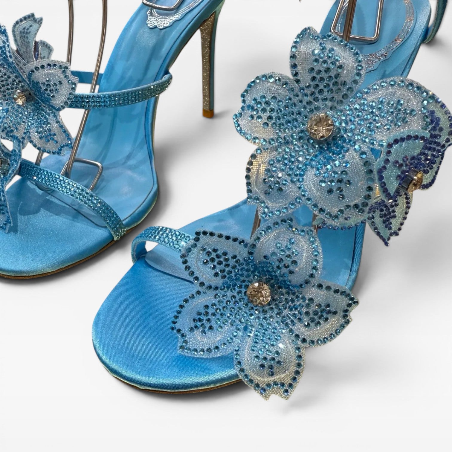 Women's Crystal Flower Heels – Elegant Orchid Wrap Around Ankle Stiletto Sandals for Special Occasions