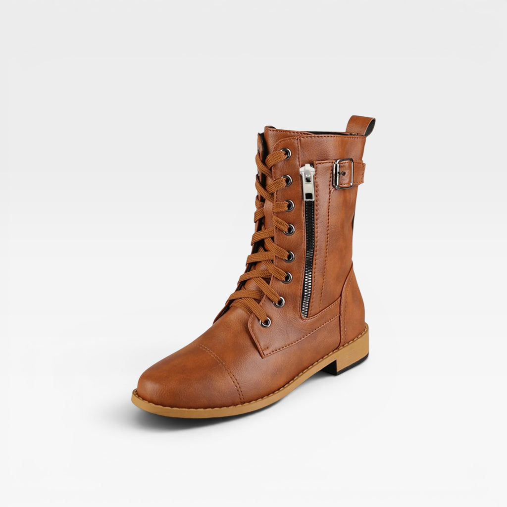 Bottes à lacets en cuir pour femmes – Chaussures élégantes mi-mollet avec détail boucle