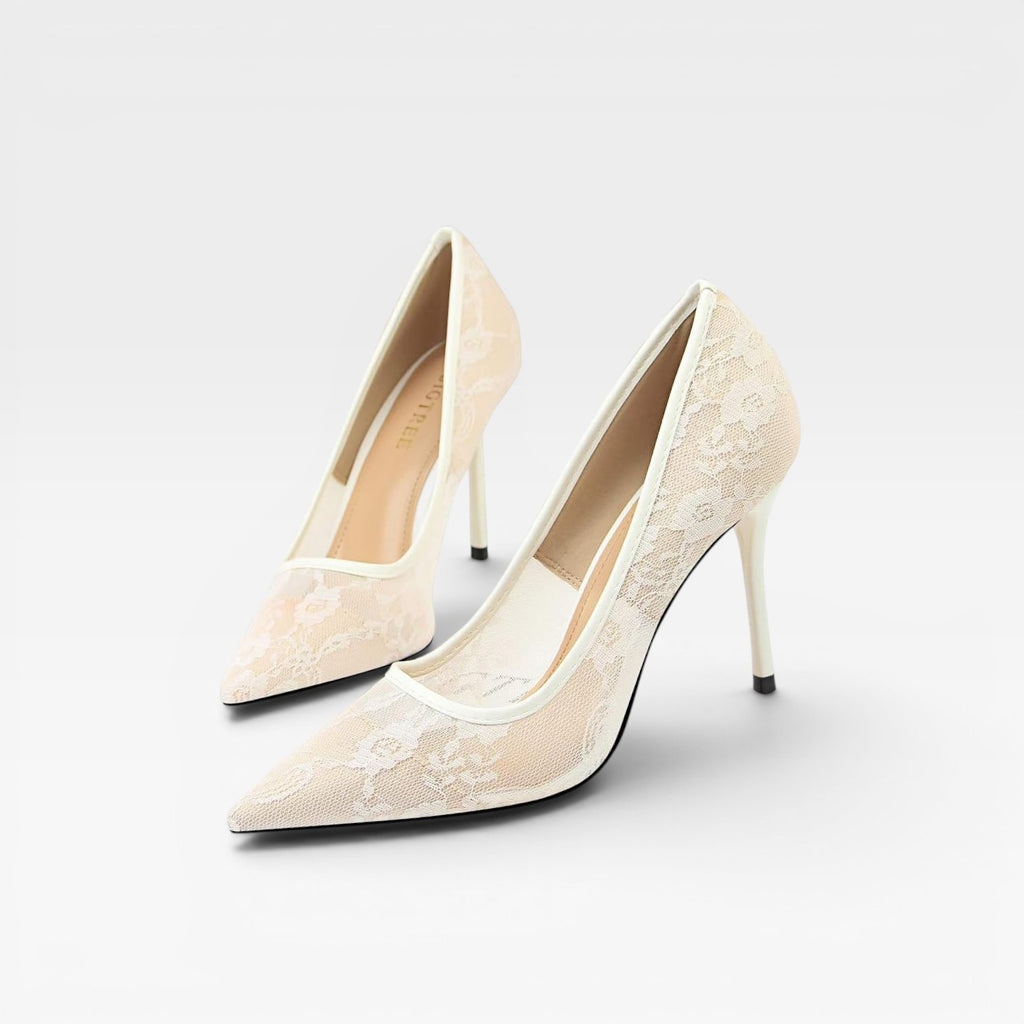 Women's Lace Pointed Toe Heels – Elegant Floral Mesh Stiletto Pumps for Special Occasions
