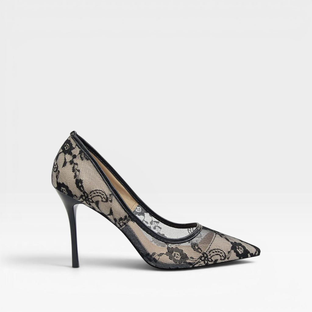 Women's Lace Pointed Toe Heels – Elegant Floral Mesh Stiletto Pumps for Special Occasions