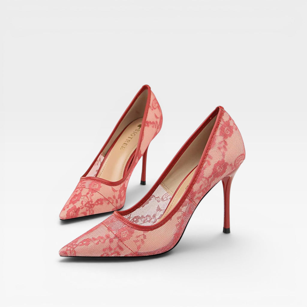 Women's Lace Pointed Toe Heels – Elegant Floral Mesh Stiletto Pumps for Special Occasions