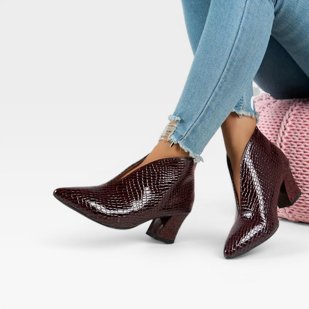 Women’s Croc Effect Ankle Boots – Elegant Pointed Toe Heeled Boots