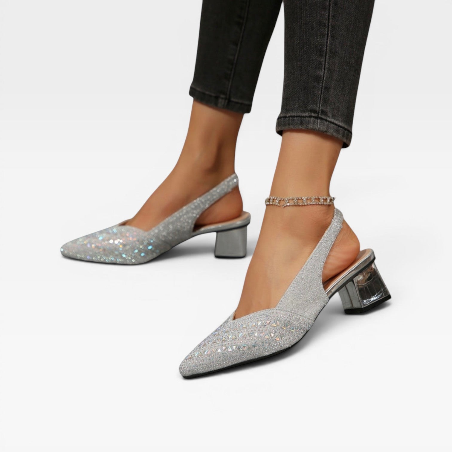 Escarpins à talons blocs avec bride arrière ornés de strass pour femmes – Chaussures de mariage étincelantes en cristal