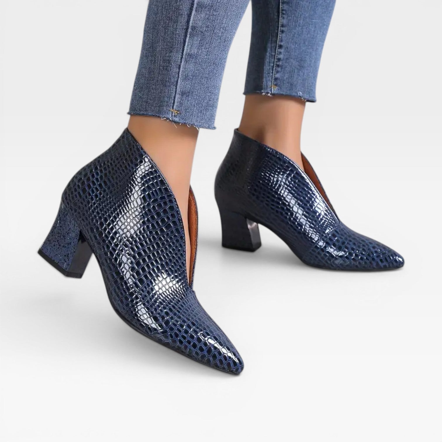 Women’s Croc Effect Ankle Boots – Elegant Pointed Toe Heeled Boots