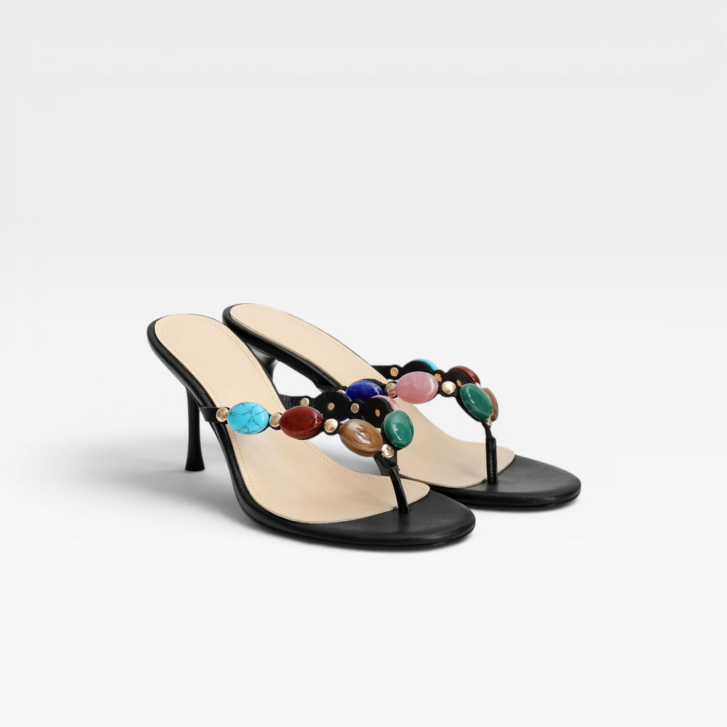 Women's Colored Gemstone Heels – Elegant White Mule Stiletto for Party and Special Occasions