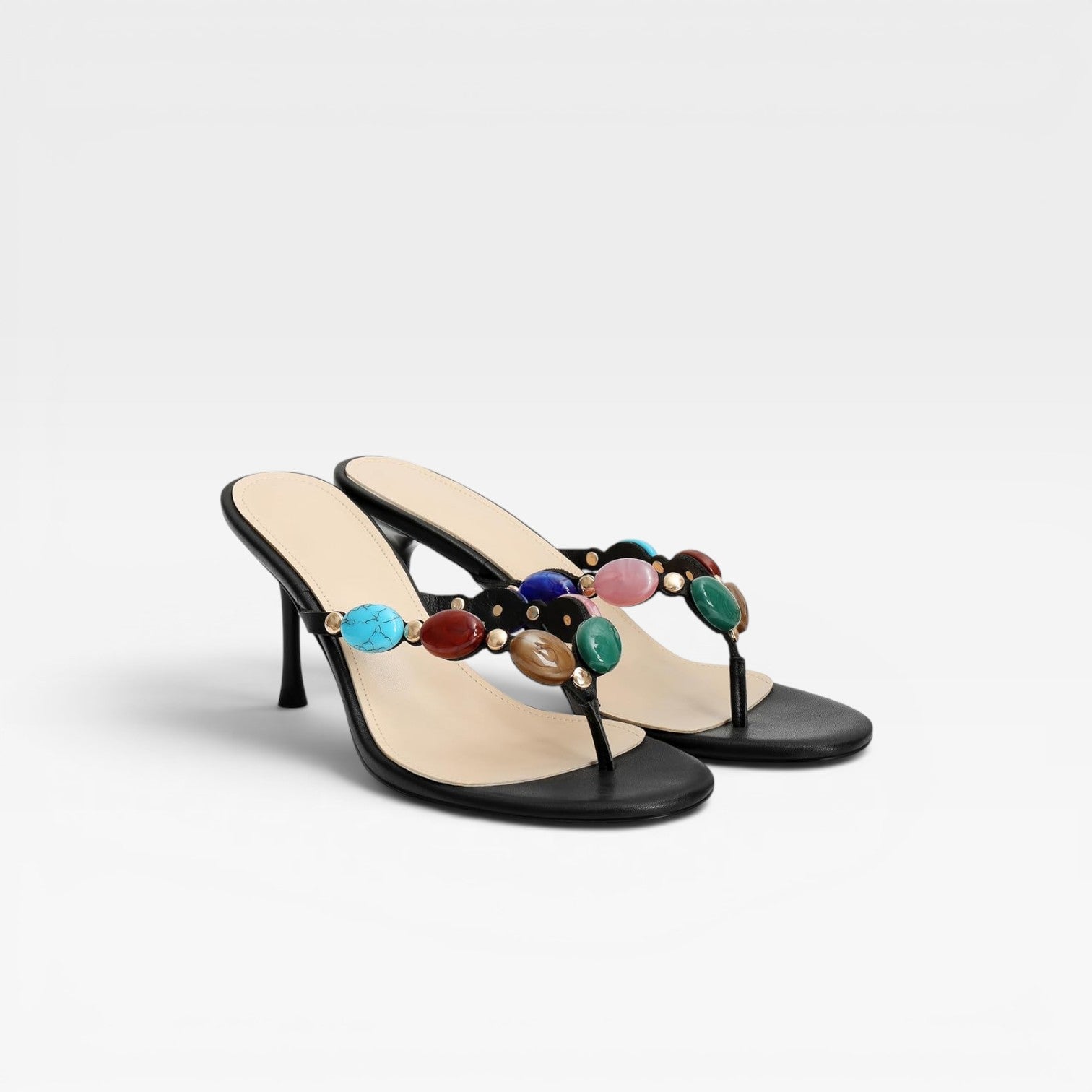 Women's Colored Gemstone Heels – Elegant White Mule Stiletto for Party and Special Occasions