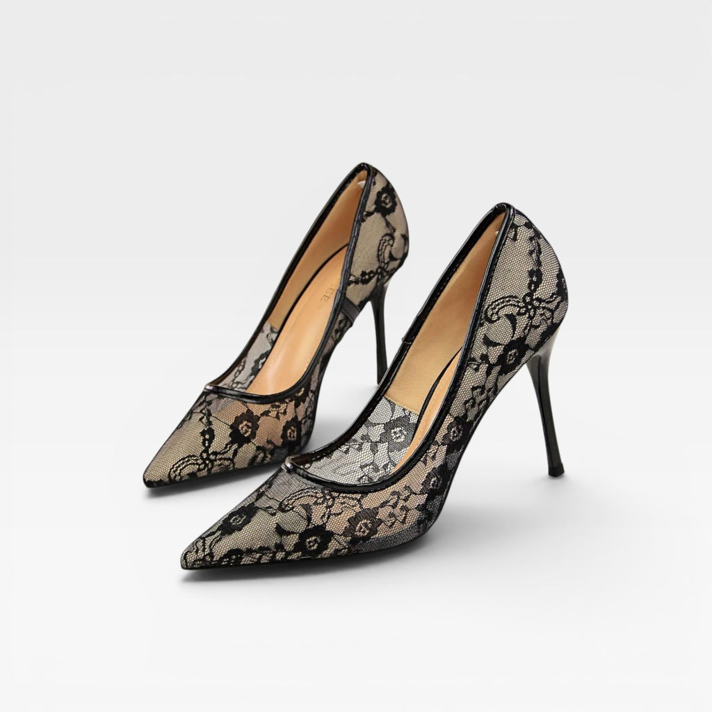 Women's Lace Pointed Toe Heels – Elegant Floral Mesh Stiletto Pumps for Special Occasions