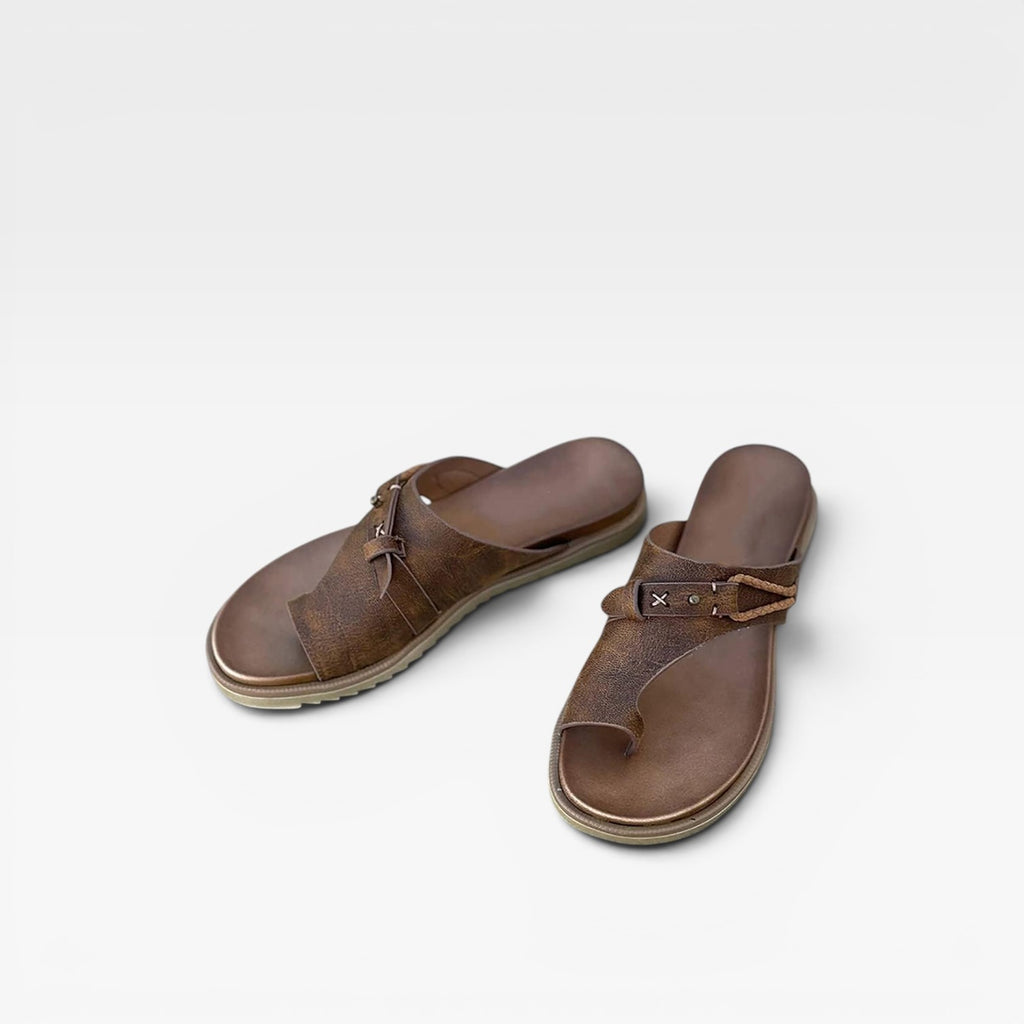 Women's Leather Toe Loop Sandals – Orthopedic Comfort Footbed Adjustable Strap