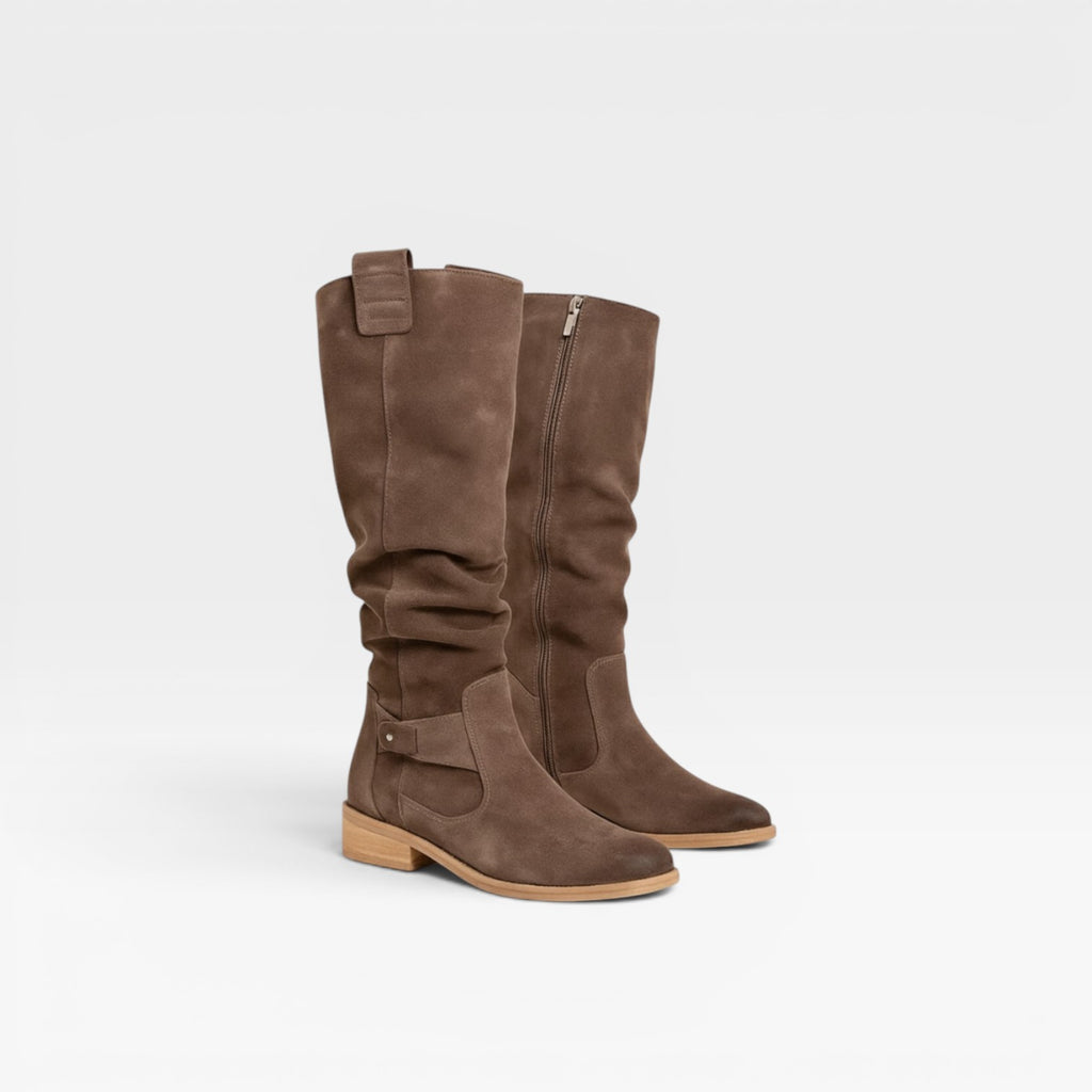 Women's Knee High Suede Boots – Elegant Buckle Detail Block Heel for Everyday and Special Occasions
