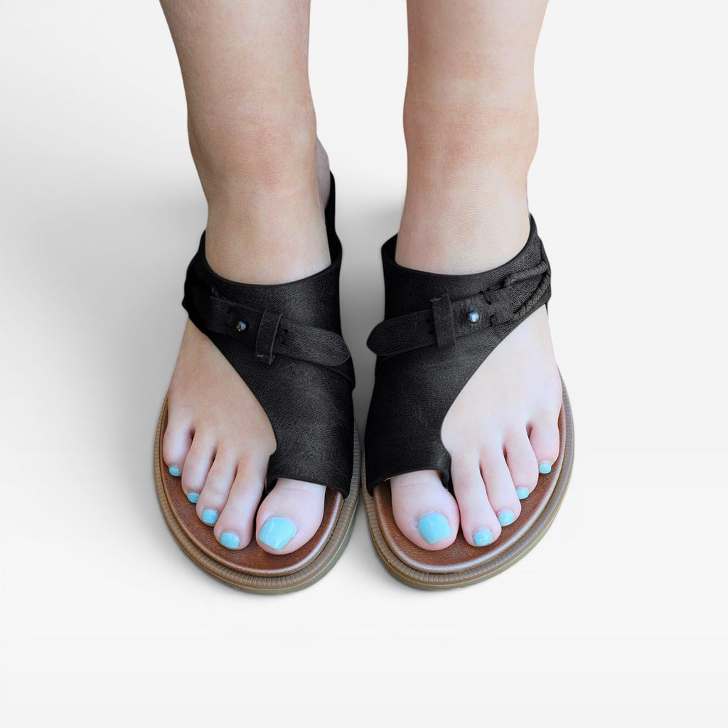 Women's Leather Toe Loop Sandals – Orthopedic Comfort Footbed Adjustable Strap