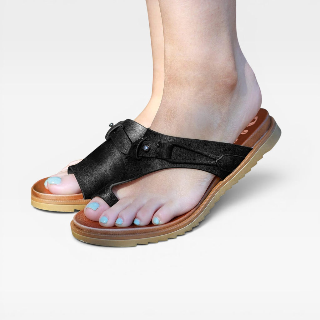 Women's Leather Toe Loop Sandals – Orthopedic Comfort Footbed Adjustable Strap