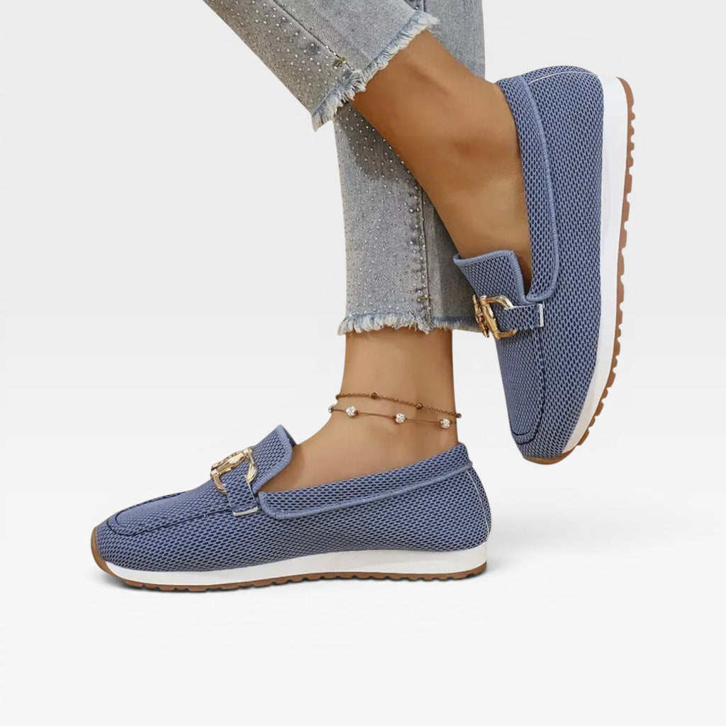 Baskets mocassins en maille pour femmes – Chaussures confort rembourrées avec boucle dorée