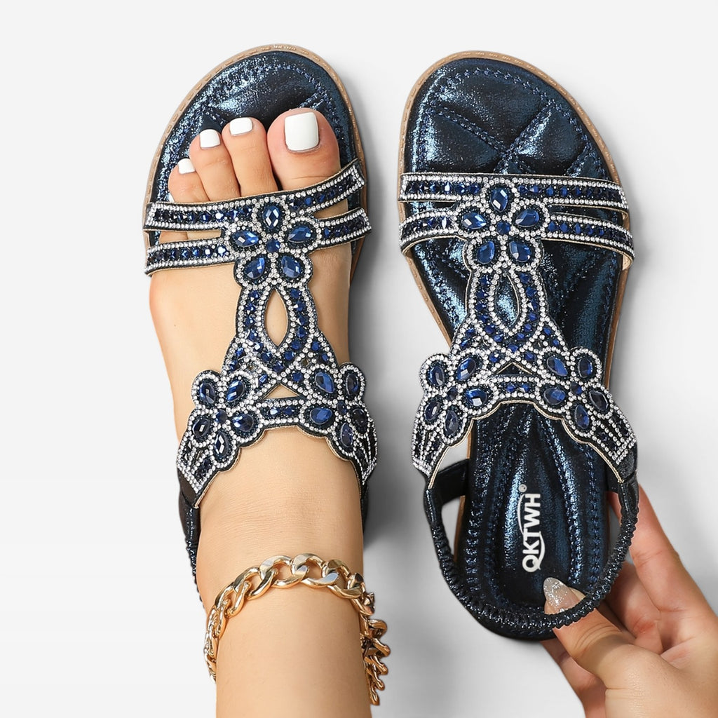 Women's Boho Embellished Flat Sandals – Strappy Open Toe Summer Style